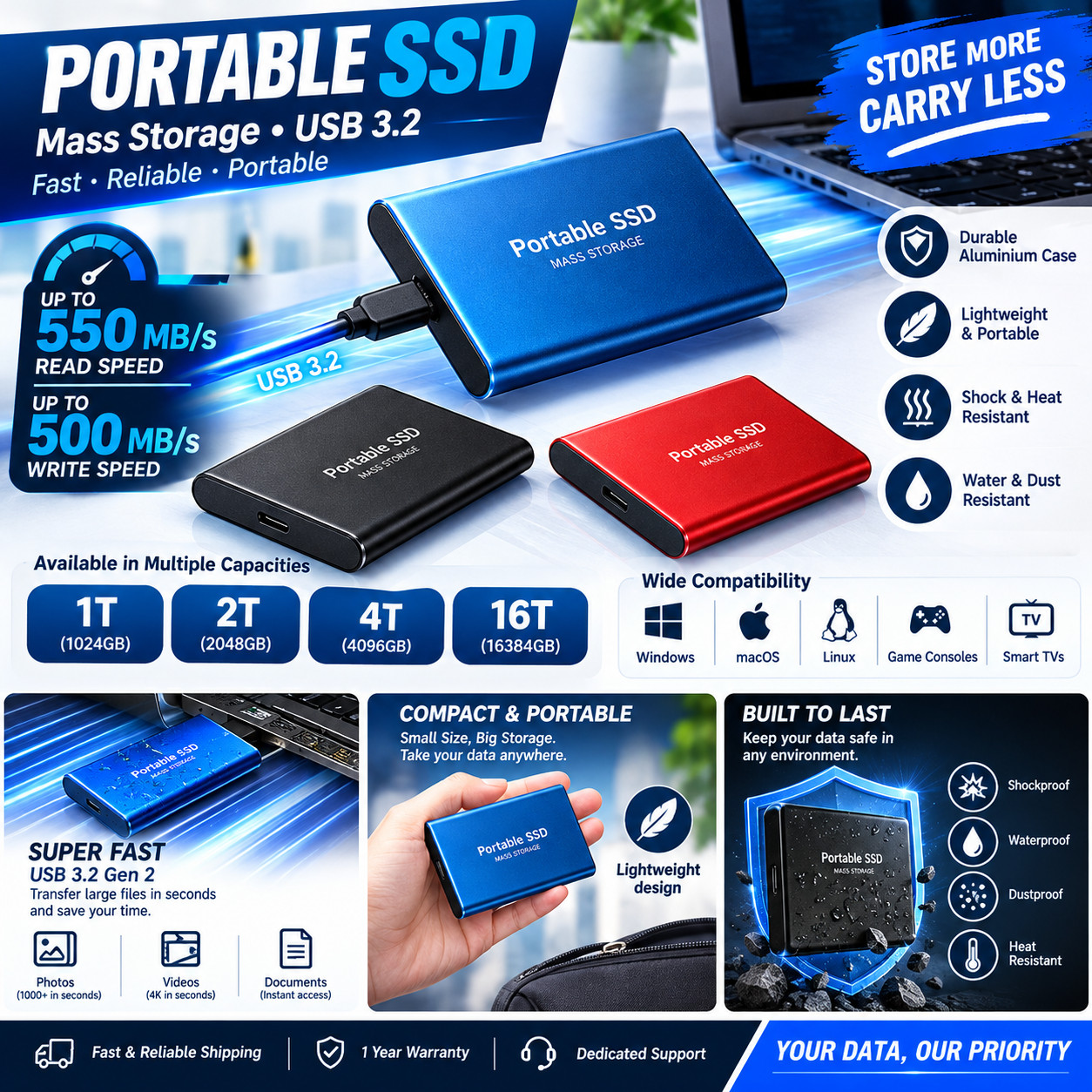 16TB Mass Storage Portable SSD USB3.2 External Hard Drive High