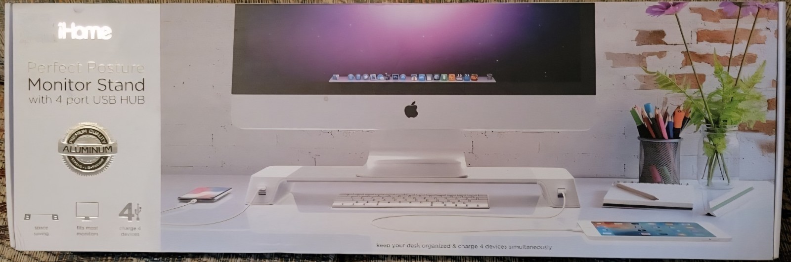 New - iHome Perfect Posture Monitor Stand With 4 Port USB Hub For Mac 