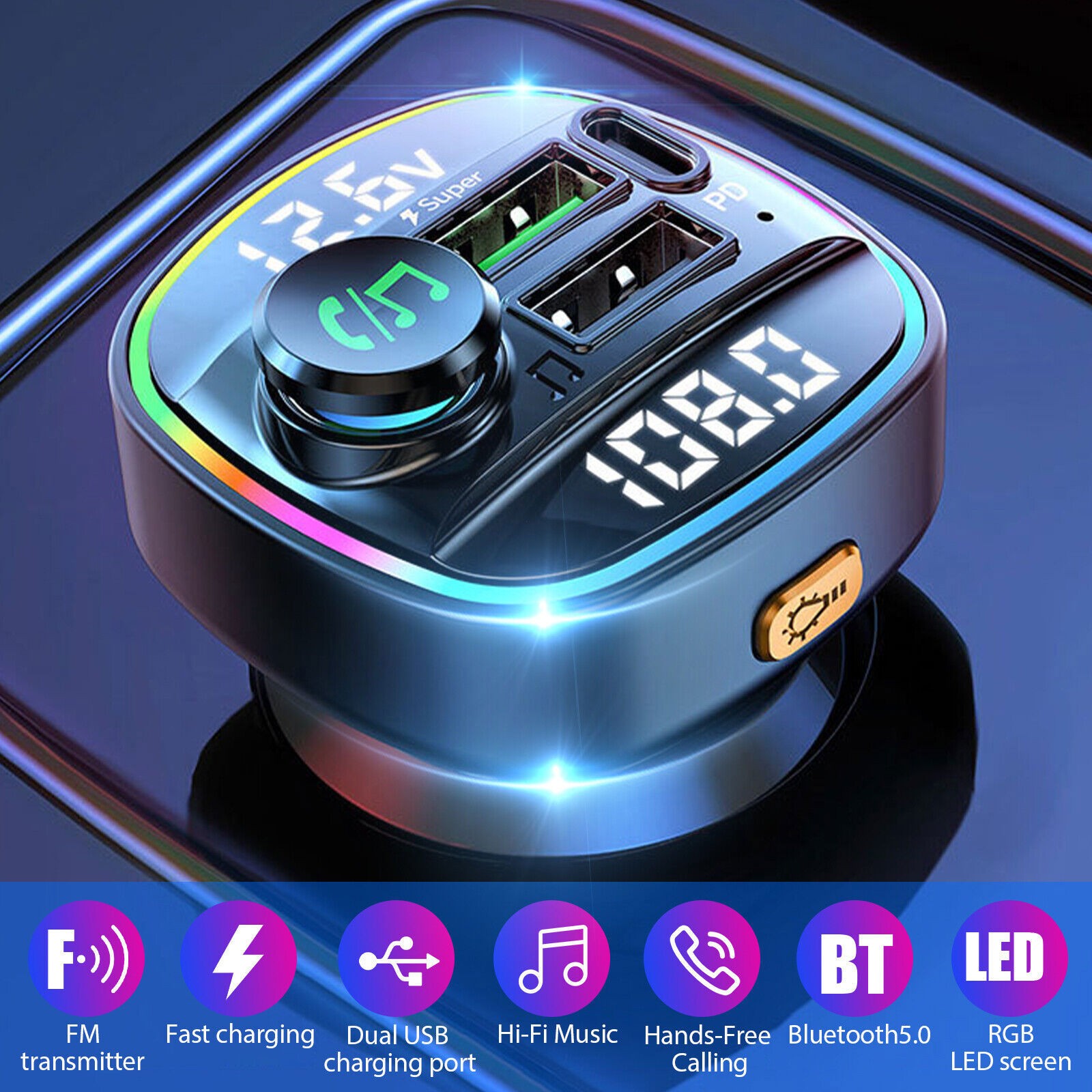 Bluetooth 5.0 Car Wireless FM Transmitter Adapter USB PD Charger Fast Charging