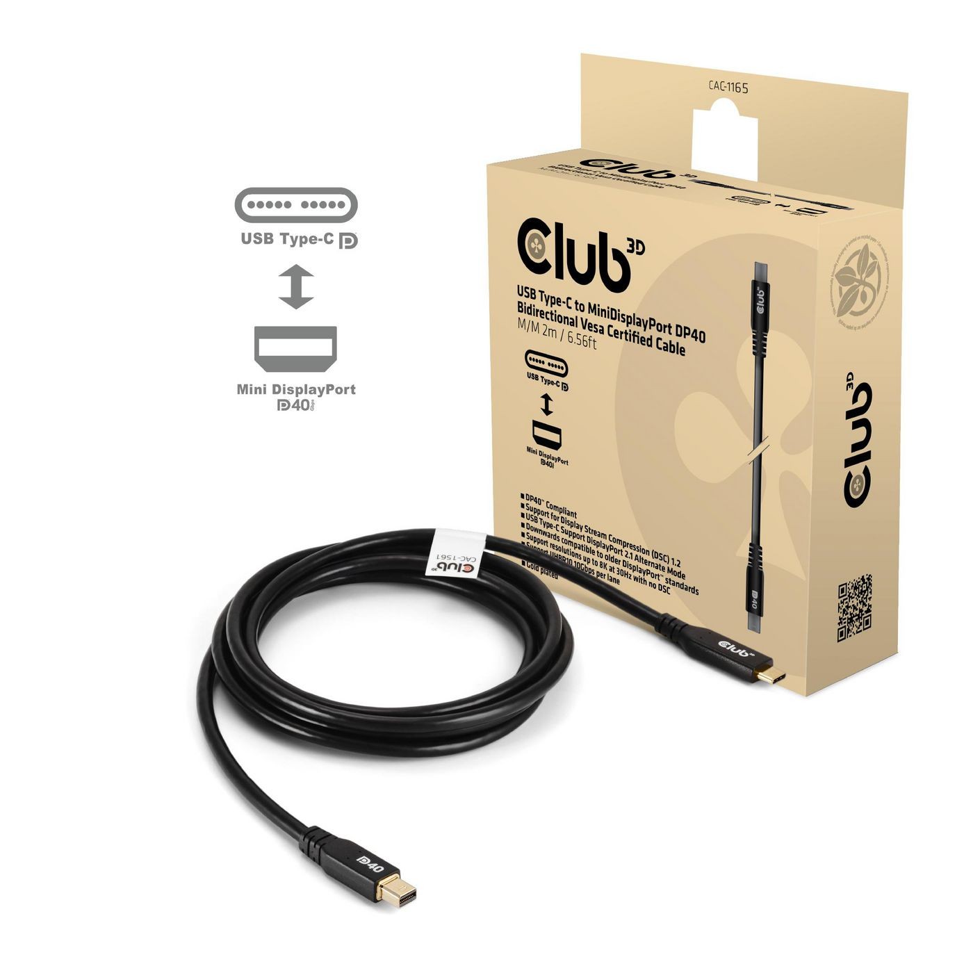 Club3D CAC-1561 Displayport Cable 2 M Mini  Usb Type-C Black ~E~