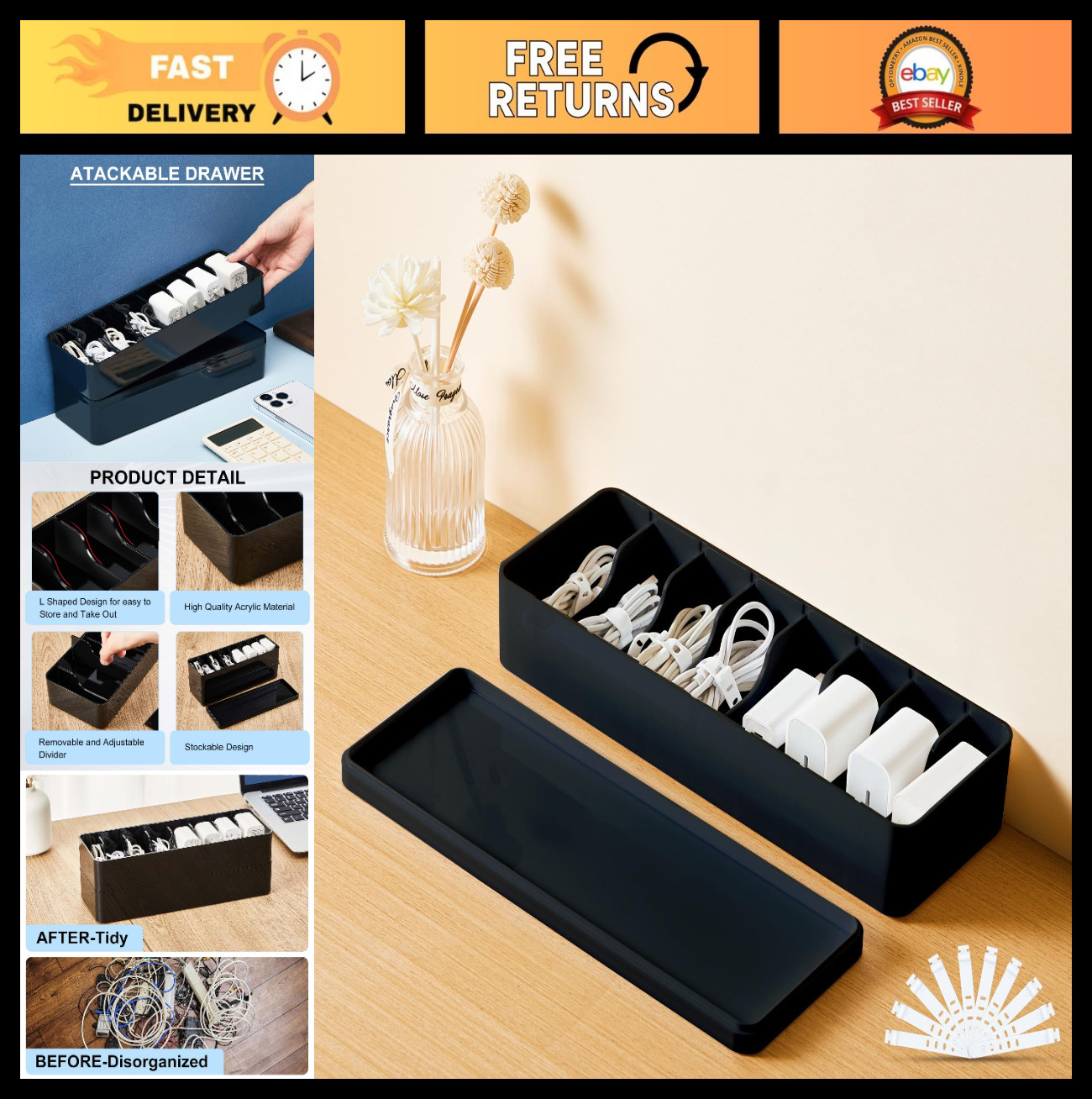 4-Pack Cord Organizer Box with Lid, 8 Compartments & Adjustable Dividers - Cable