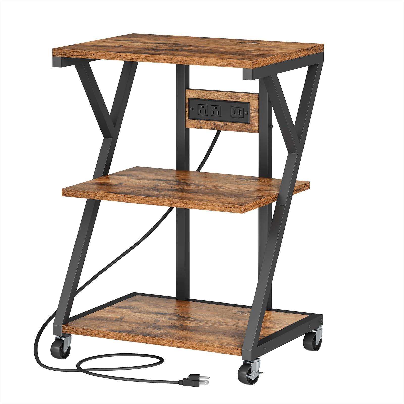 3-Tier Printer Stand, Mobile Printer Table, Rolling Cart with Charging Statio...