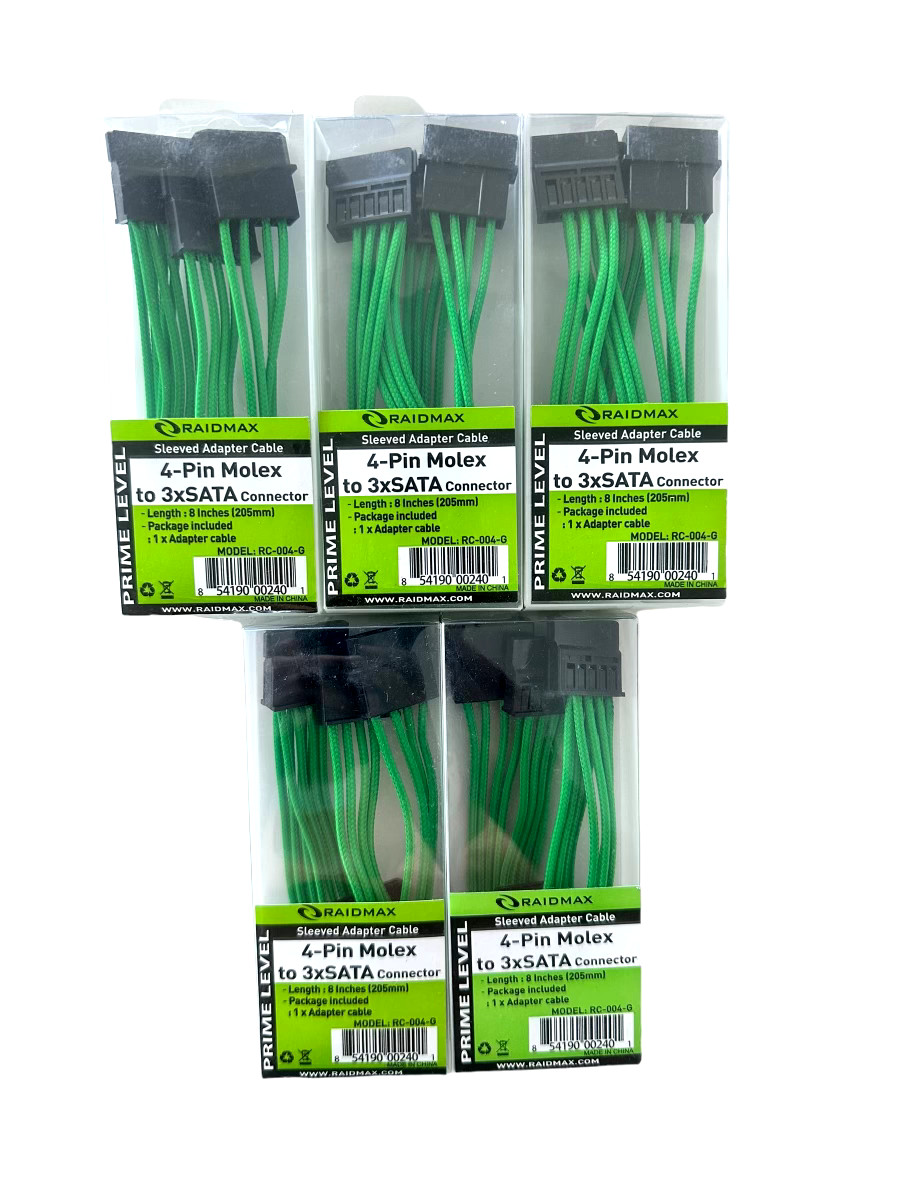 4-Pin Molex to 3xSATA Connector Sleeved Adapter Cable 8in *LOT OF 5*