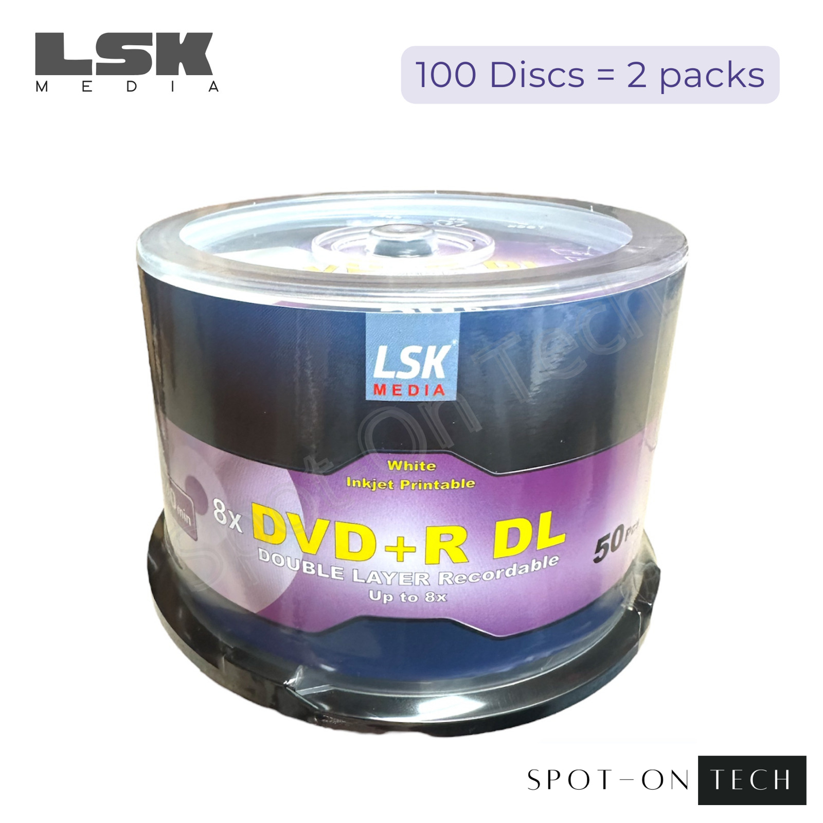 100 LSK DVD DVD+R DL 8x Dual Double Layer White Inkjet print 8.5GB 240Min Dup hp