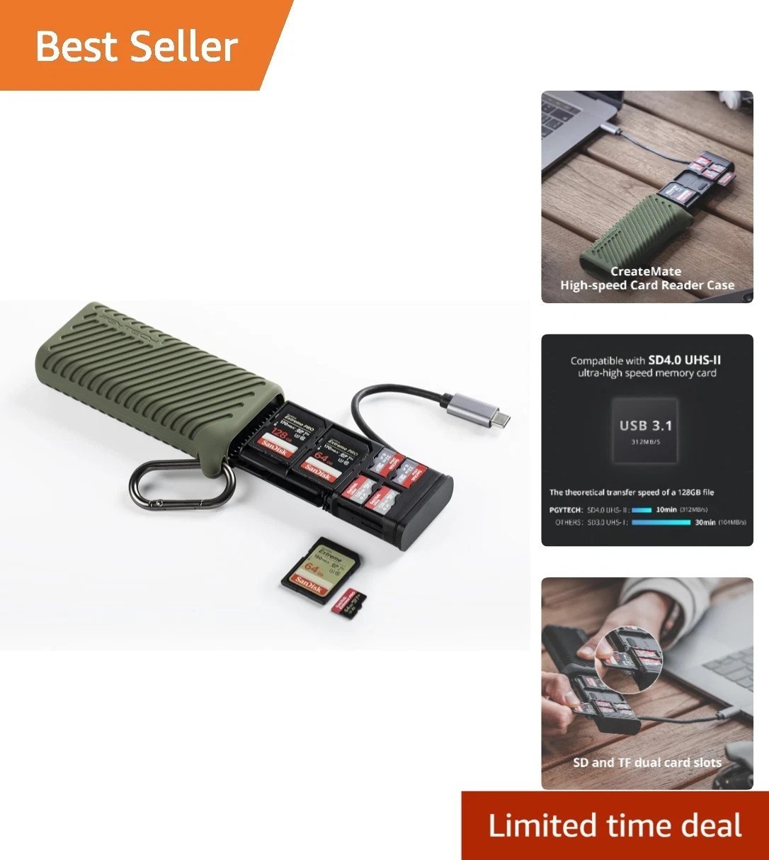 CreateMate Green High-Speed Memory Card Reader & Holder for SD/TF/Nano Cards