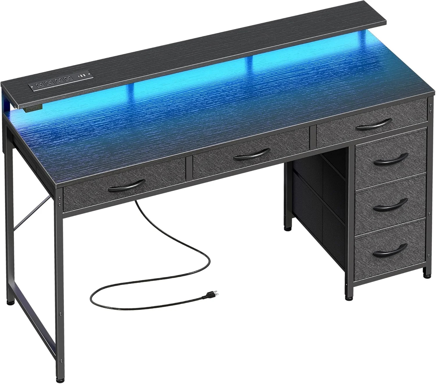 Huuger Gaming Desk with 6 Drawers, Computer Desk with LED Lights Power Outlets a