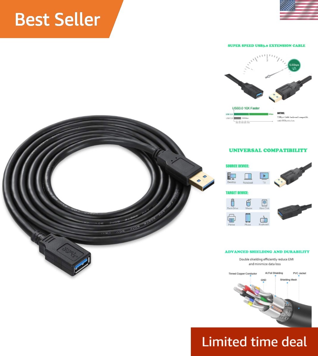 12FT USB 3.0 Male-Female Extension Cable for Optimal Device Connectivity