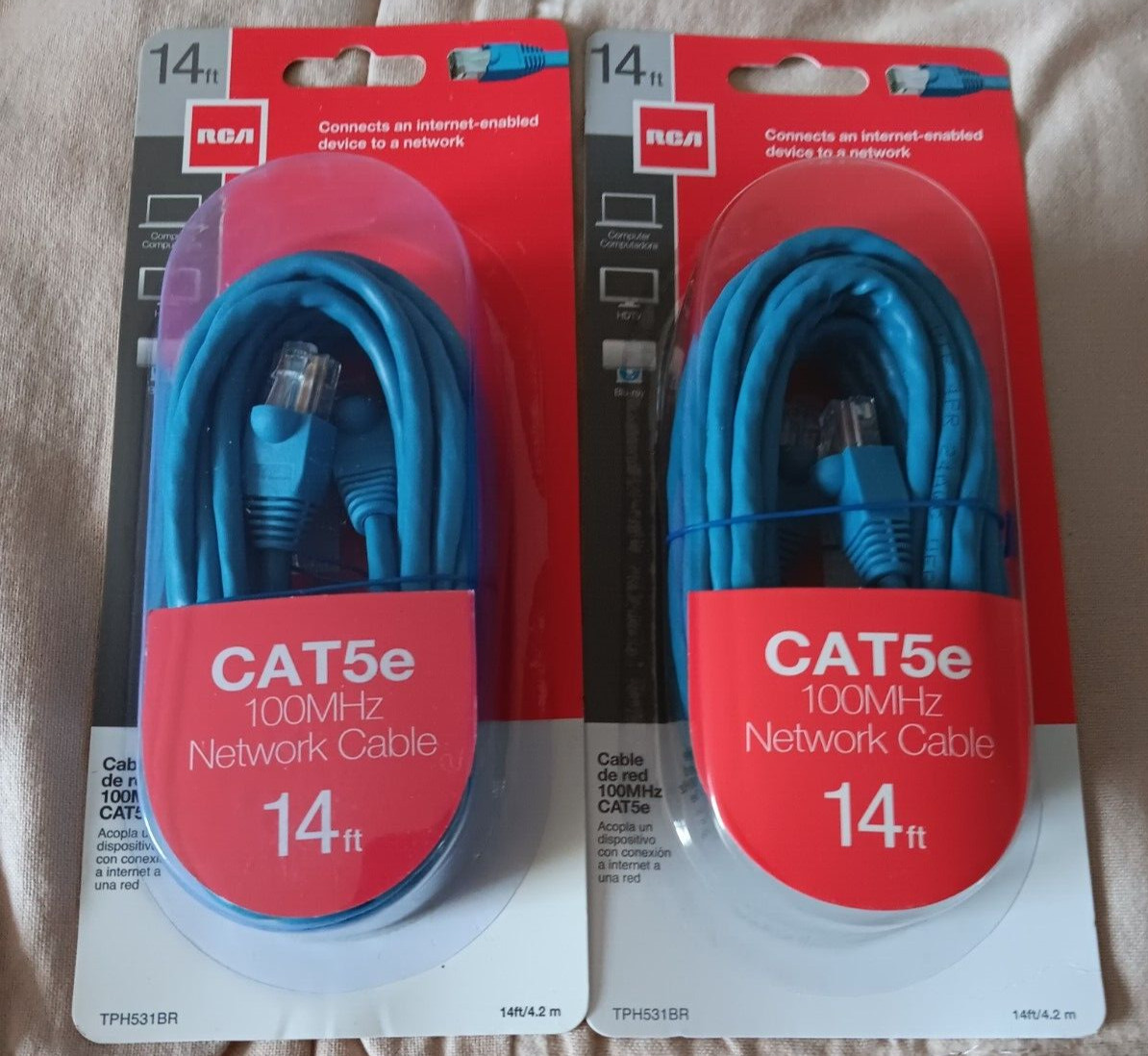 RCA CAT5e 100MHz Network Cable 14 ft Lot of 2 Computer HDTV Blu-Ray TPH531BR