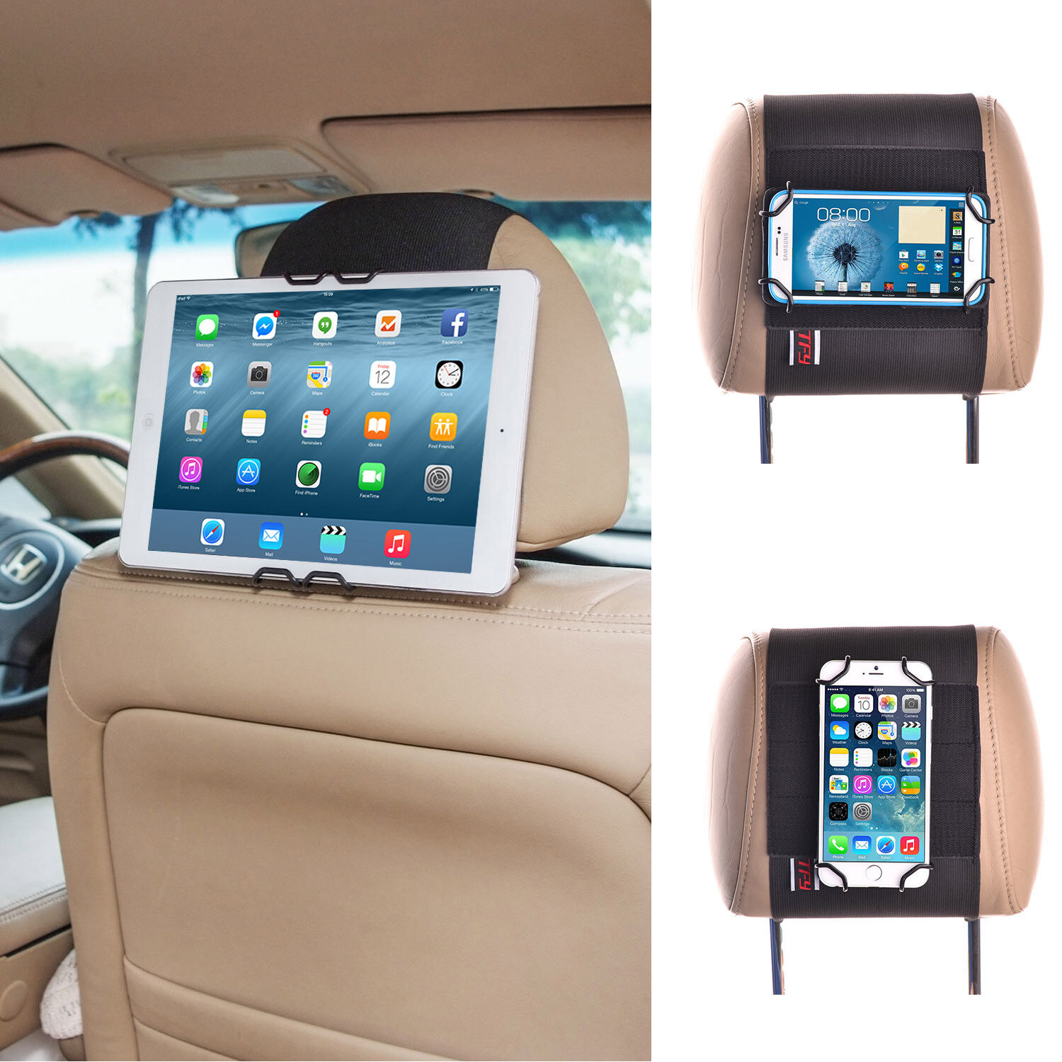 TFY Universal Car Headrest Mount Holder with Strap for Smartphone & Tablet PC