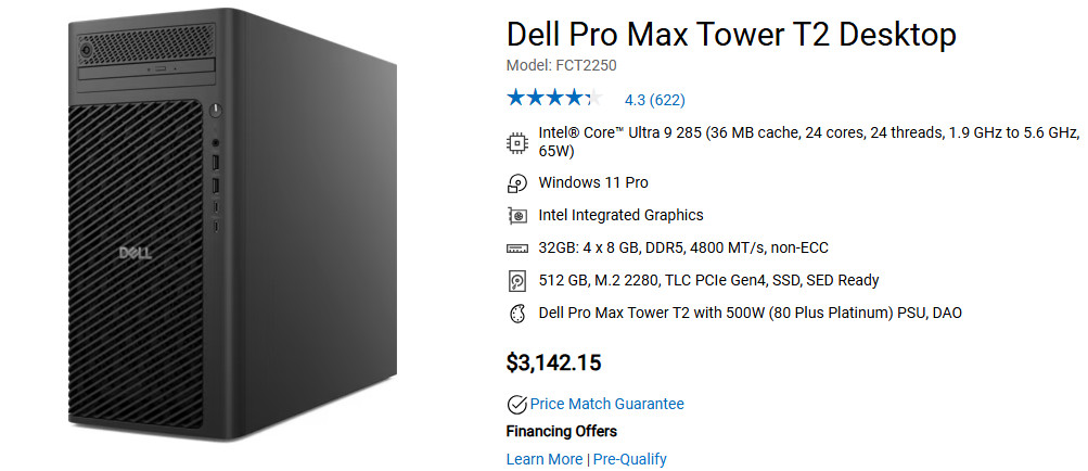 Dell Pro Max Tower T2 FCT2250 Ultra 9 285 32GB 512GB NVMe Win11 Pro Warranty2028