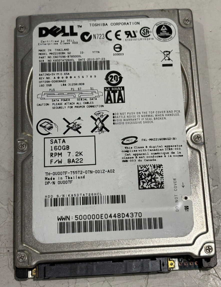 Dell Toshiba MHZ2160BK RPM 7.2K SATA 160GB Hard Drive