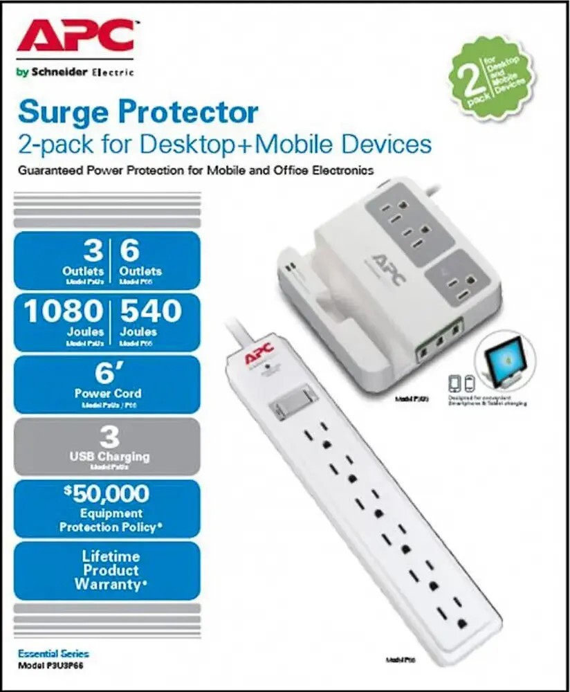 APC Surge Protector 2-pack for Desktop & Mobile Devices (Models P3U3 & P66)
