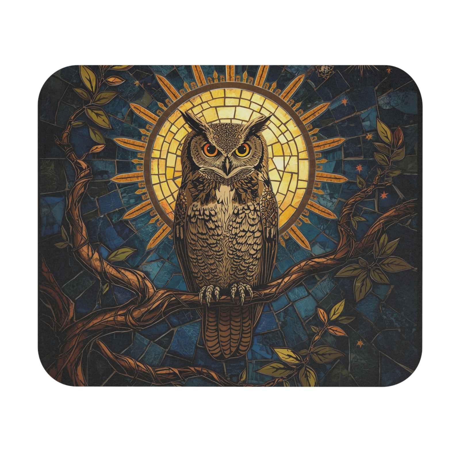 Owl Stained Glass Mousepad, Animal Lover Mouse Pad, Home Office Desk Decor