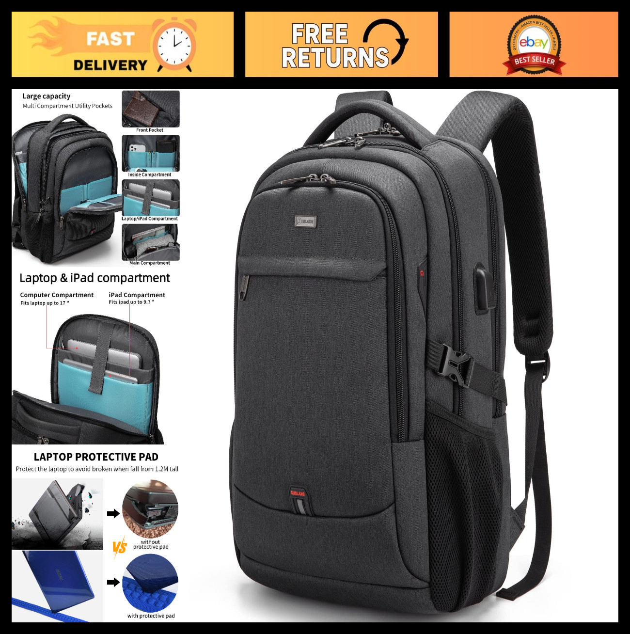 Water Resistant 17" Laptop Backpack for Travel & College, USB Charging Port, Bla