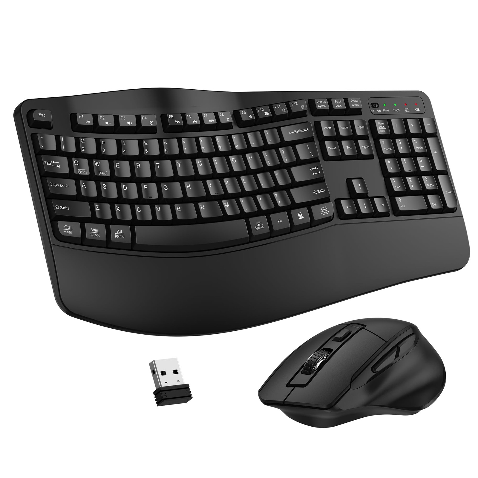 Wireless Keyboard & Mouse Combo 2.4G Ergonomic Wave Keys Black USB Receiver