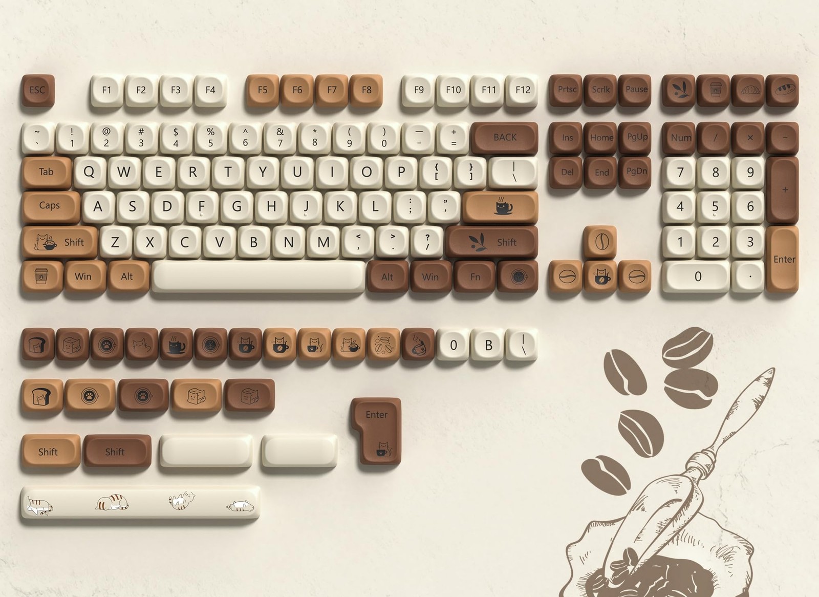 134 PCS Cute Brown PBT Keycap Set Coffee Cat MOA Profile Custom Keyboard Caps