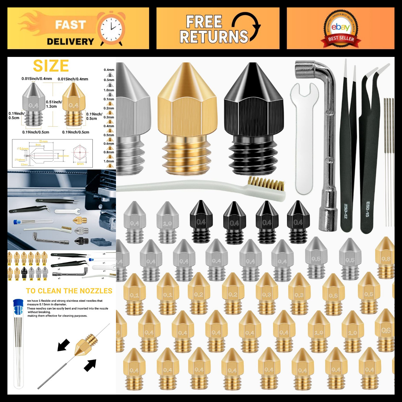 50 Pcs 3D Printer Nozzles Set - Hardened Steel, Brass, High Temp, Wear Resistant
