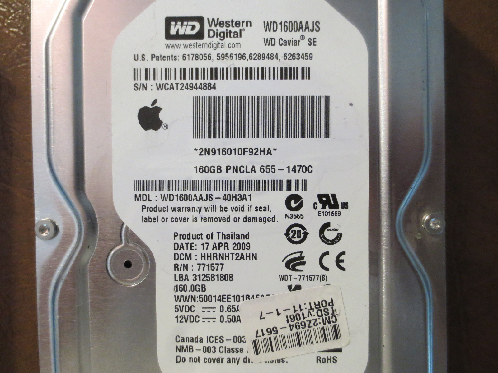 WD WD1600AAJS-40H3A1 DCM:HHRNHT2AHN Apple#655-1470C 160gb 3.5" Sata Hard Drive 