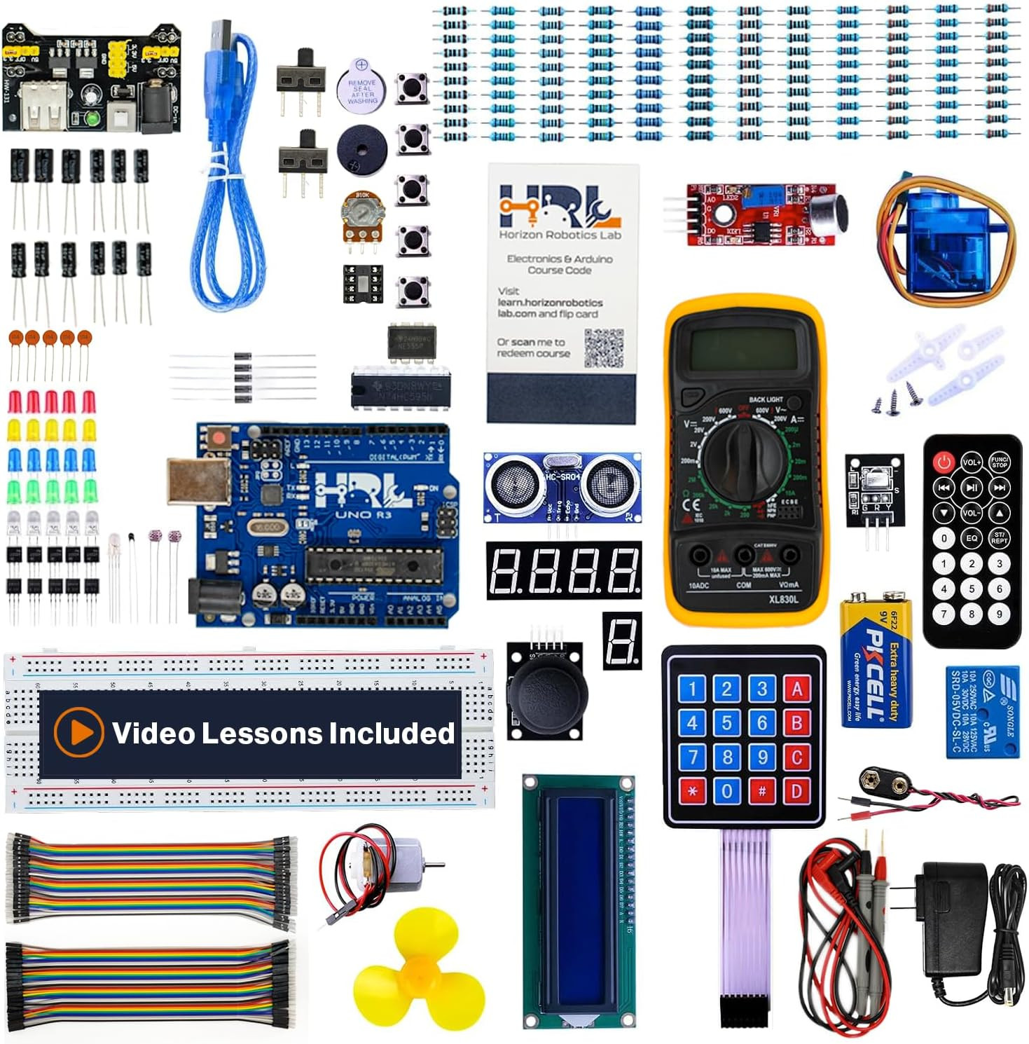 Horizon Uno Electronics Starter Kit with Video Lessons – Arduino-Compatible Boar
