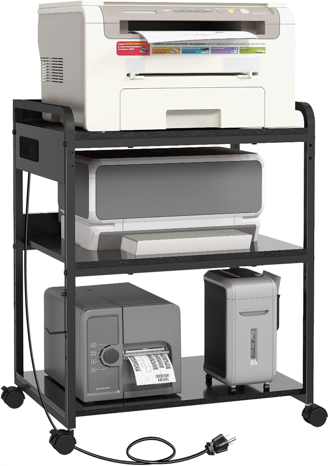 3 Tier Printer Stand with Power Outlet Rolling Cart Wheels Storage Shelf Office