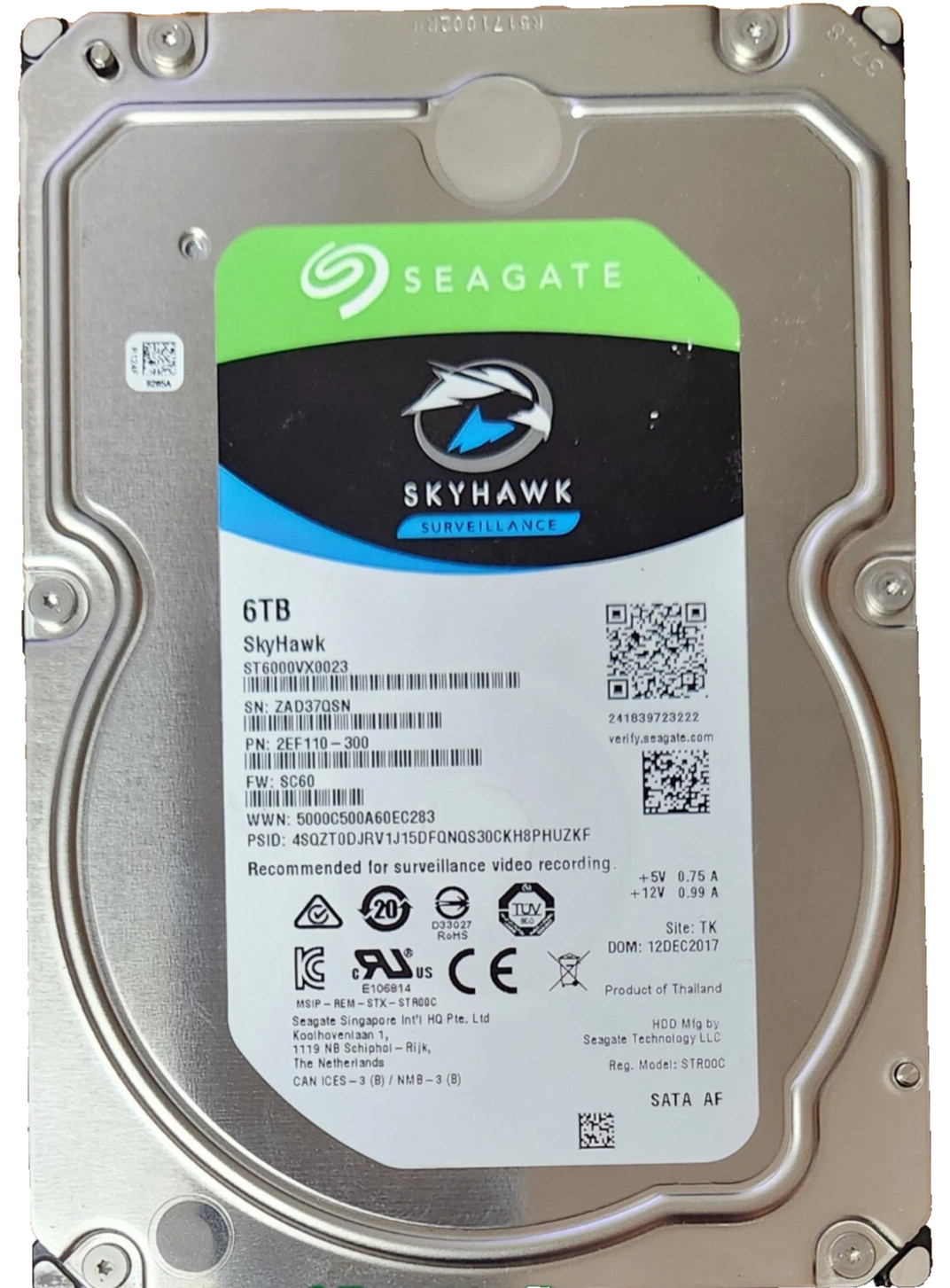 Seagate SkyHawk 6TB 3.5" Surveillance Hard Drive SATA ST6000VX0023 DVR HDD