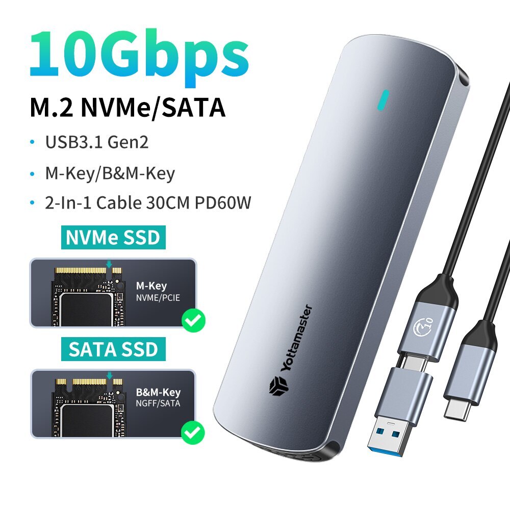 Yottamaster M.2 NVMe SATA SSD Enclosure USB 3.2 Gen 2 Adapter SSD Case 10 Gbps