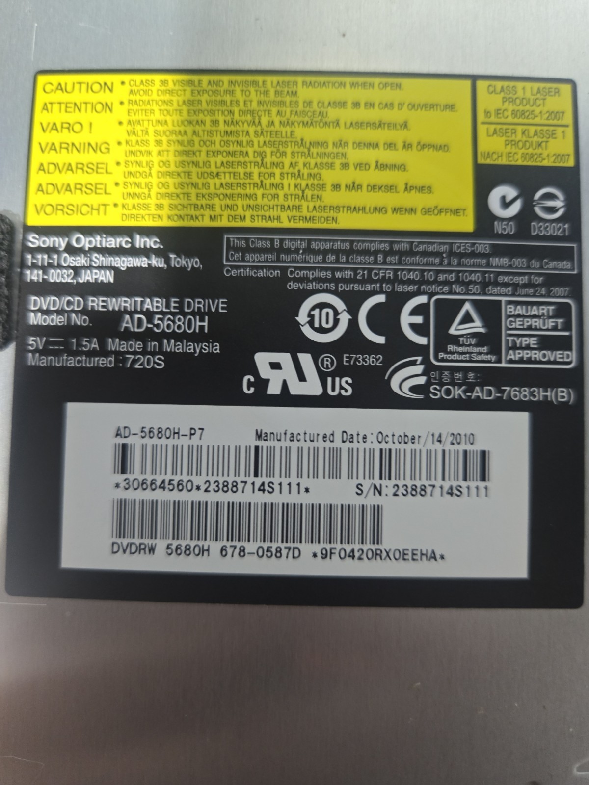 Sony Optiarc AD-5680H DVD/CD Rewritable Drive Silver