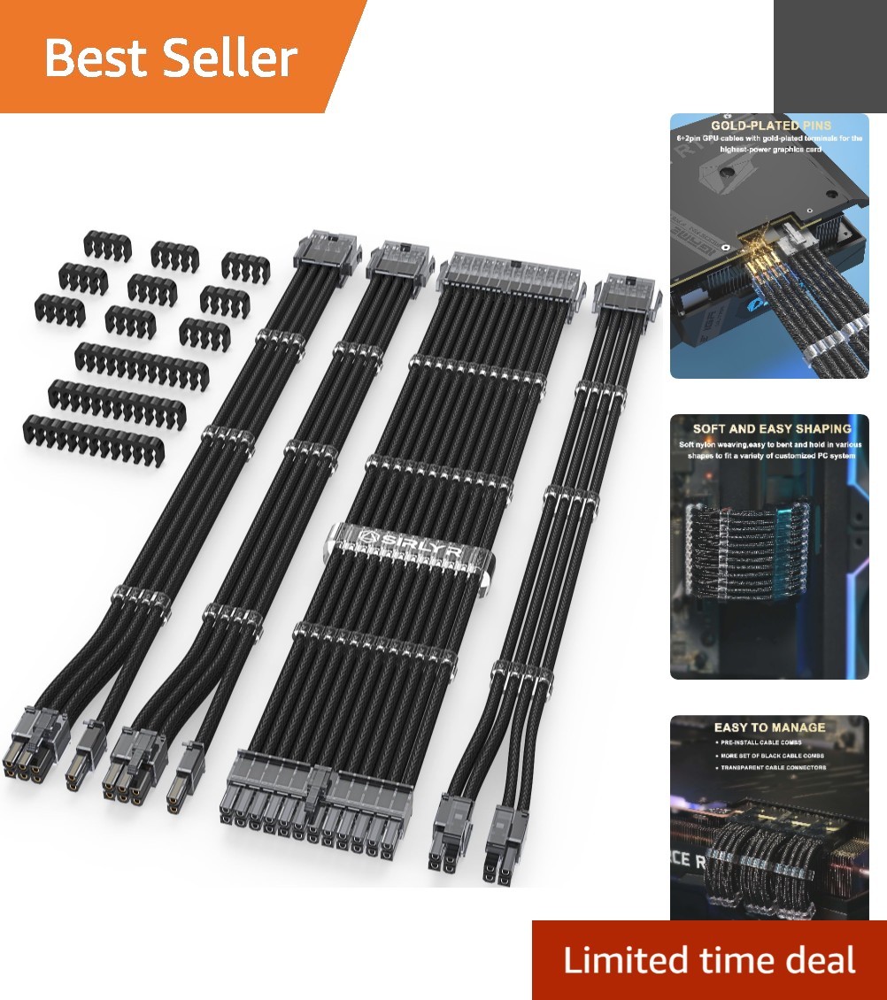 Professional Black Braided PSU Extension Cable Set: 16AWG, 4 Cables Included