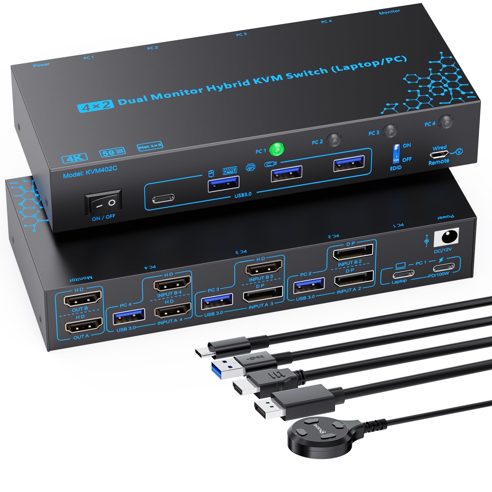 2 Monitors 4 Computers KVM Switch Laptop and Desktop 4 Port 18cm, Black-02