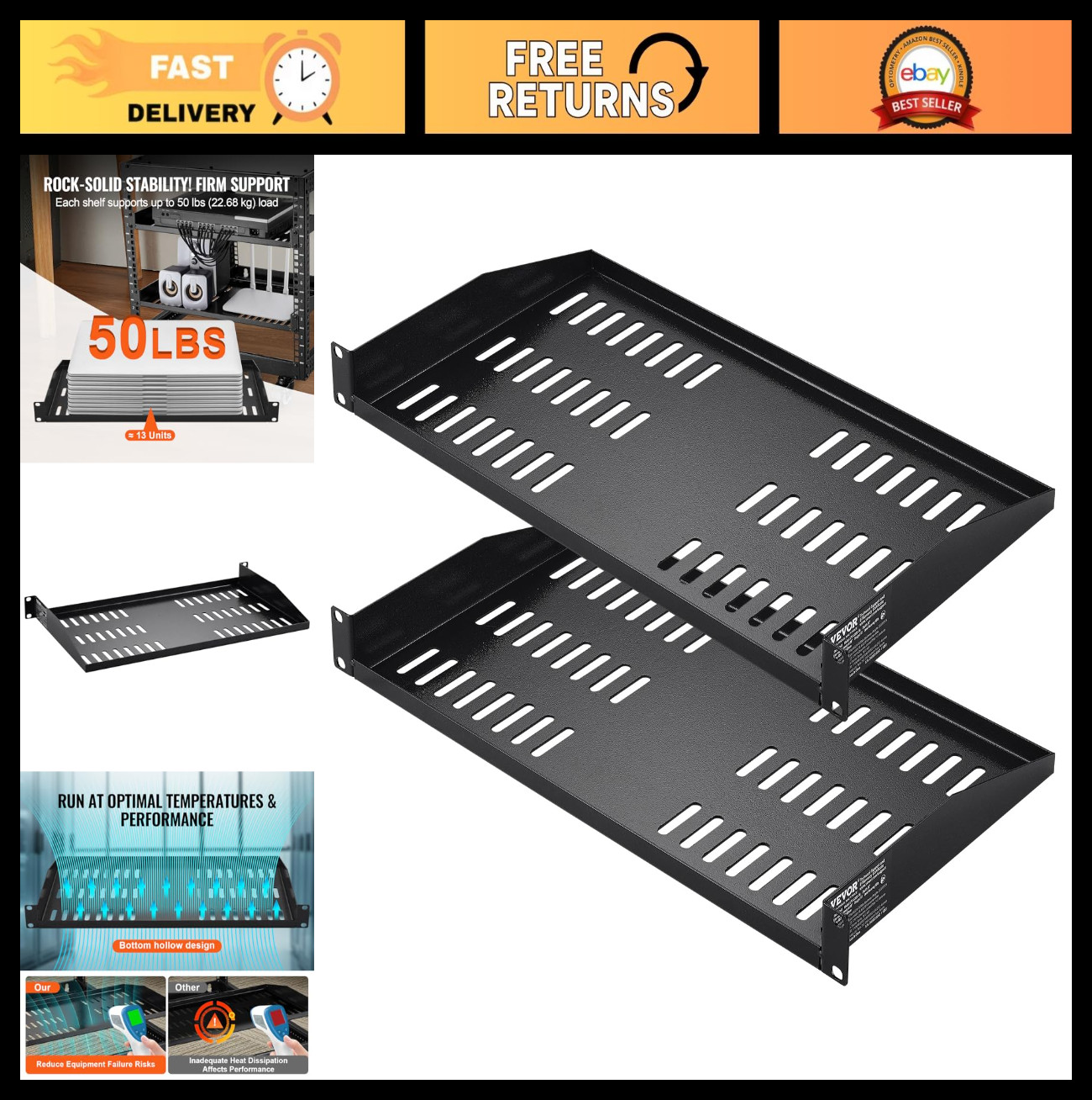 Universal Vented 1U Server Rack Shelf - 2PCS Cantilever Tray for 19" Racks, 10"