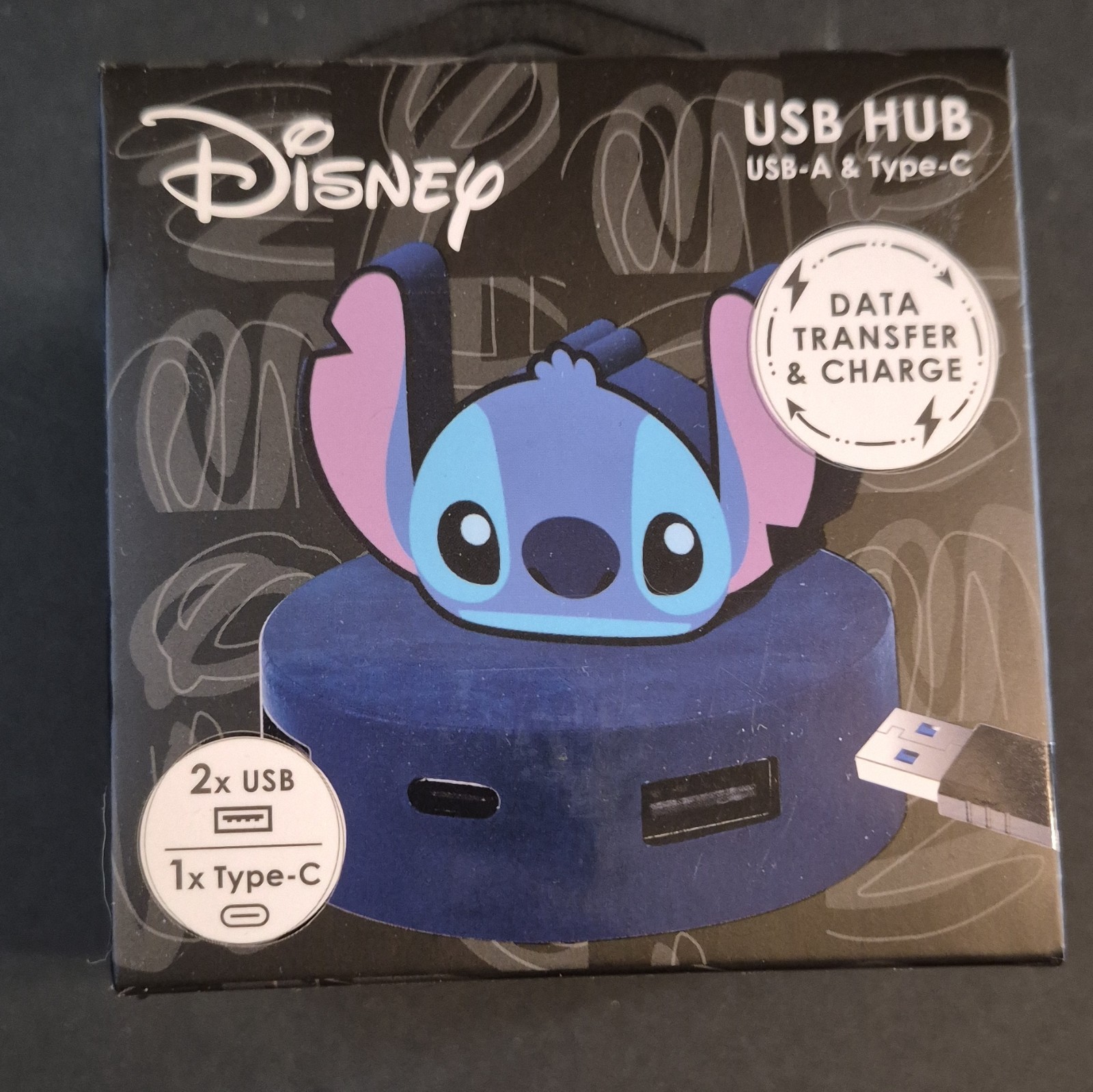 Disney Stitch USB 2.0 3-Port Hub USB-A/USB-C 1ft Cable Portable Blue