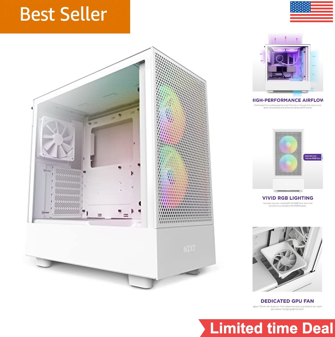 ATX Mid Tower PC Gaming Case White High Airflow Tempered Glass RGB Fans