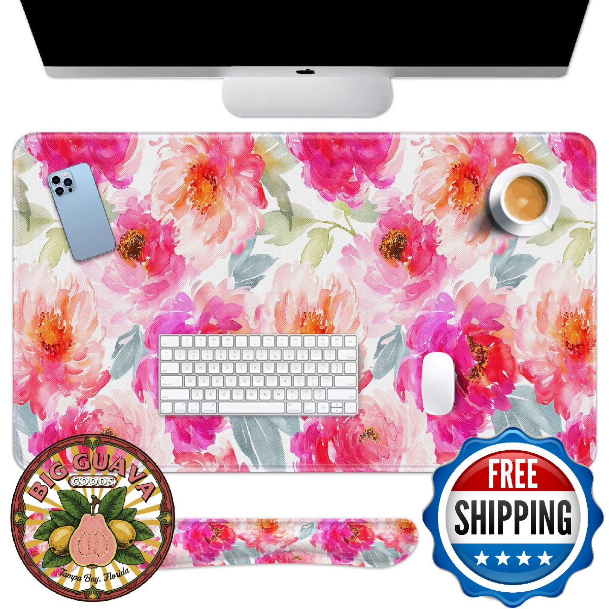 Arttown Pink Peony Floral Desk Mat & Mouse Pad Set 4-in-1, Wrist Rest, Waterproo