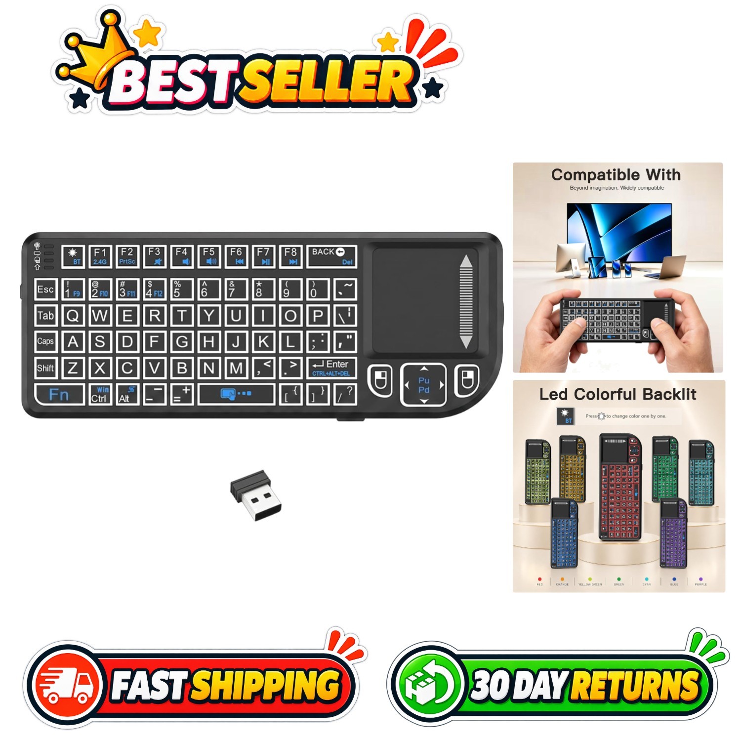 Mini Wireless Bluetooth Keyboard Touchpad 2.4G+BT 7-Color Backlit Rechargeable