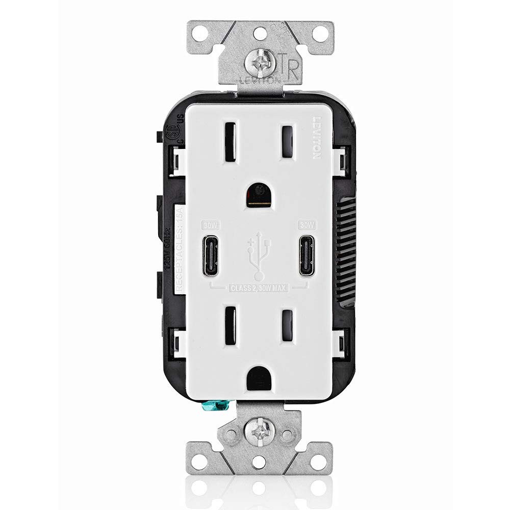Leviton 30W (6A) USB Dual Type-C/C Power Delivery In-Wall 15 Amp, White