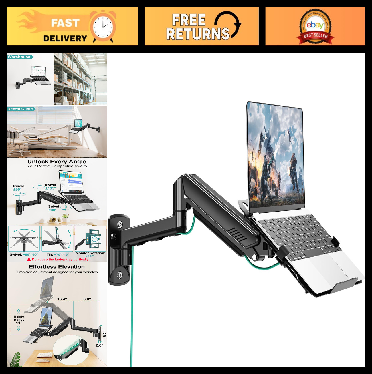 Adjustable Laptop Wall Mount with Vented Tray for 11-32" Screens, Full Motion Ar