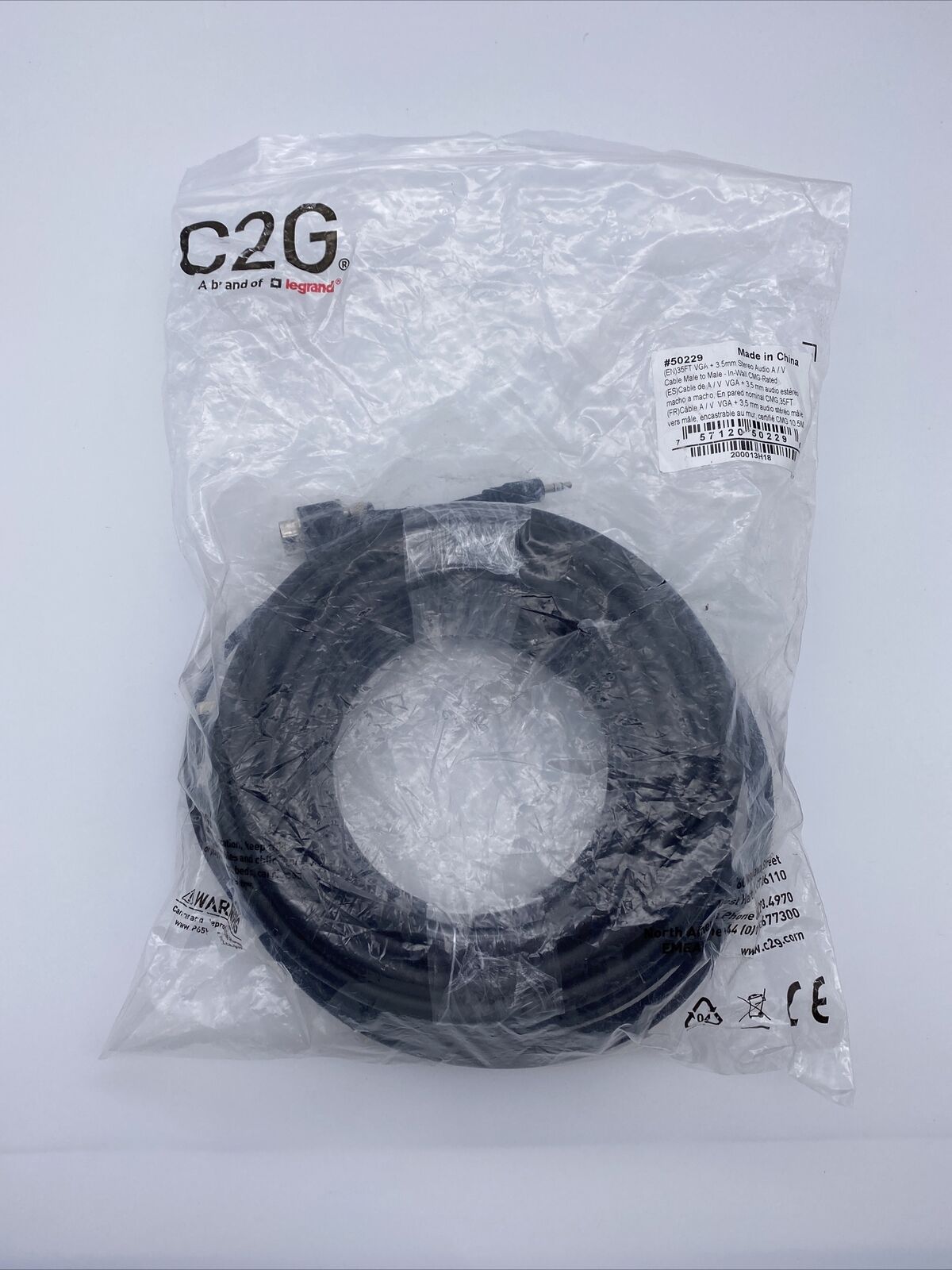 C2G #50229 35ft vga 3.5mm stereo audio a/v cable male to male in-wall CMG Rated