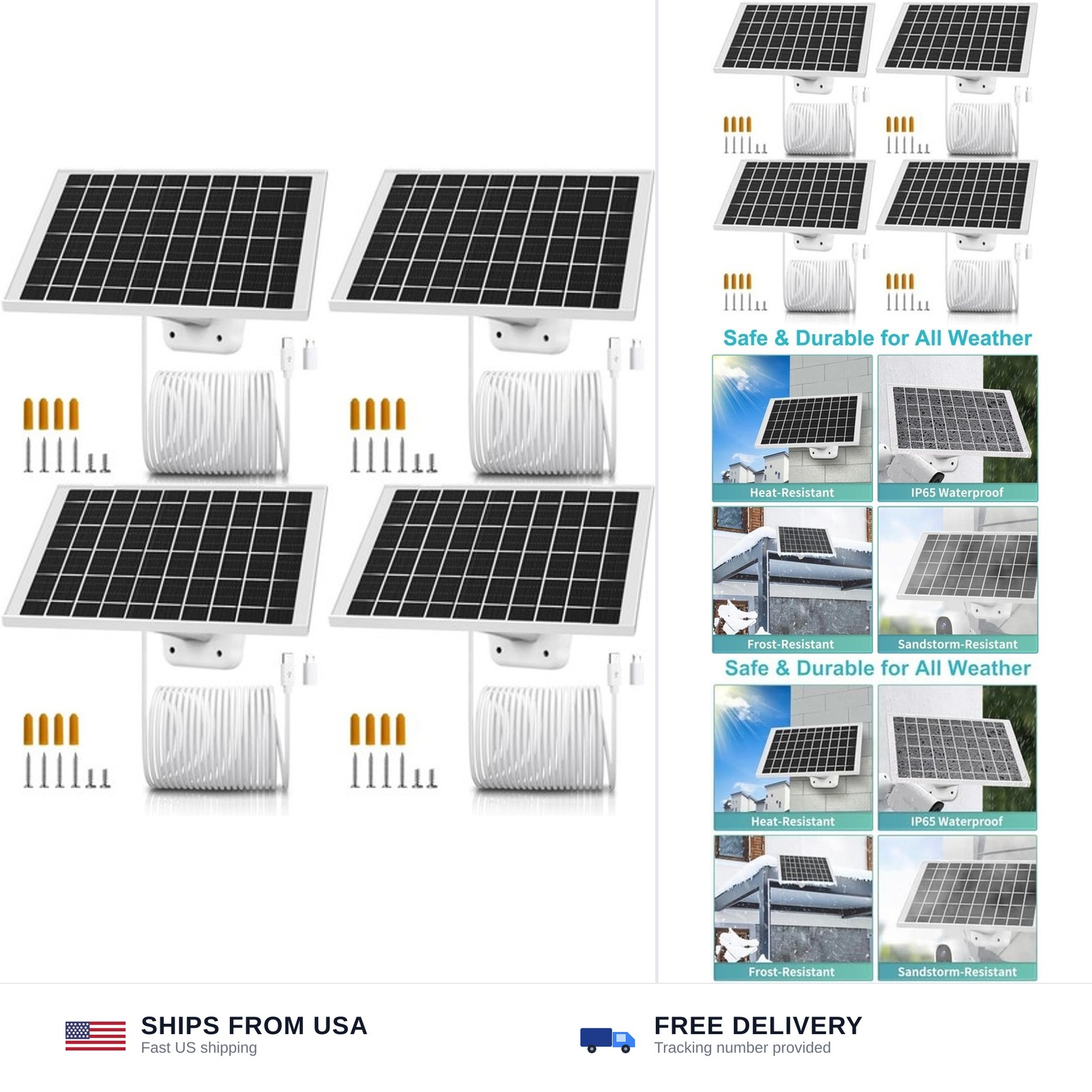 4 Pack 7W Solar Panels- IP65 Waterproof, Charger with 10FT USB-C Cable and Mi...