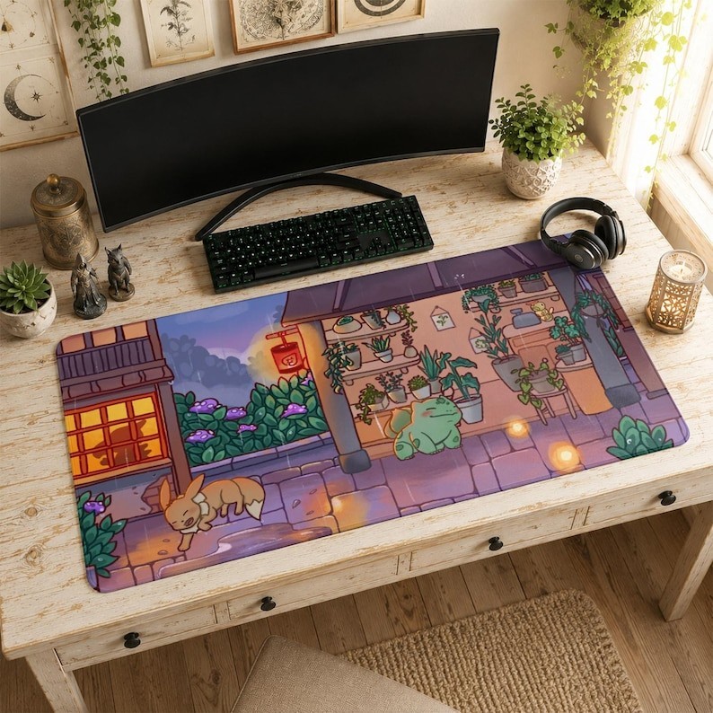Eevee Bulbasaur Mouse Pad Cozy Desk Mat, Pokemon Rain Gaming Desk Mat Mouse Pad