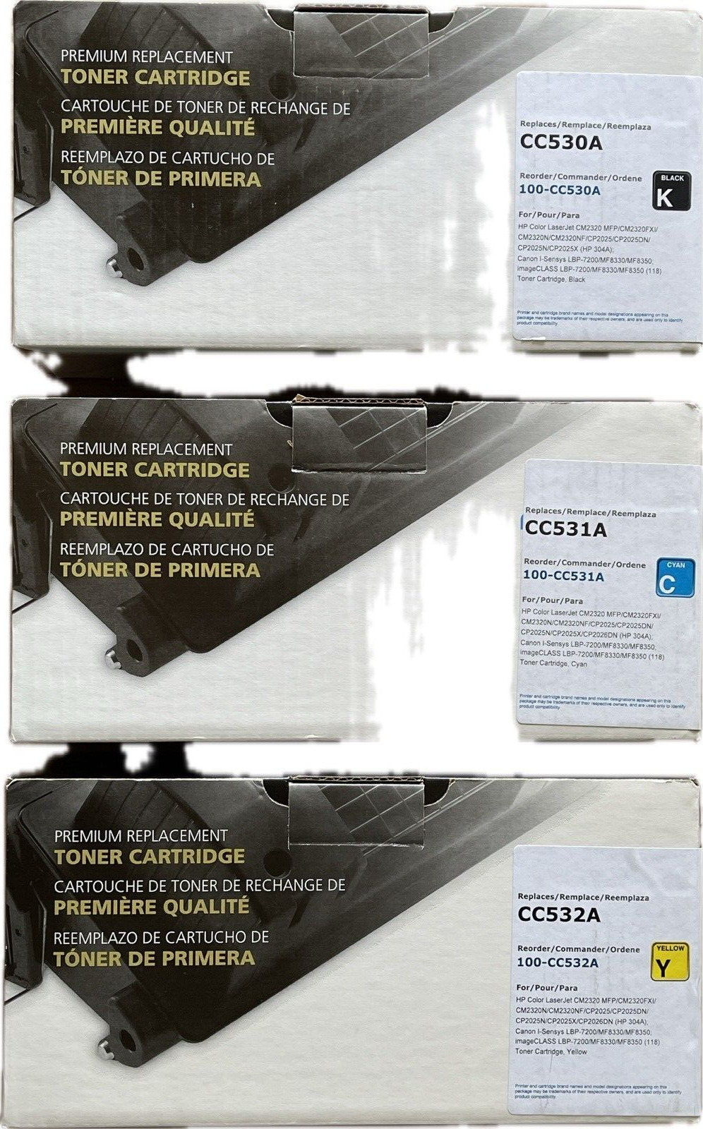 New Sealed Premium Toner Cartridge Lot of 3 - CC530A/531A/532A Black Cyan Yellow