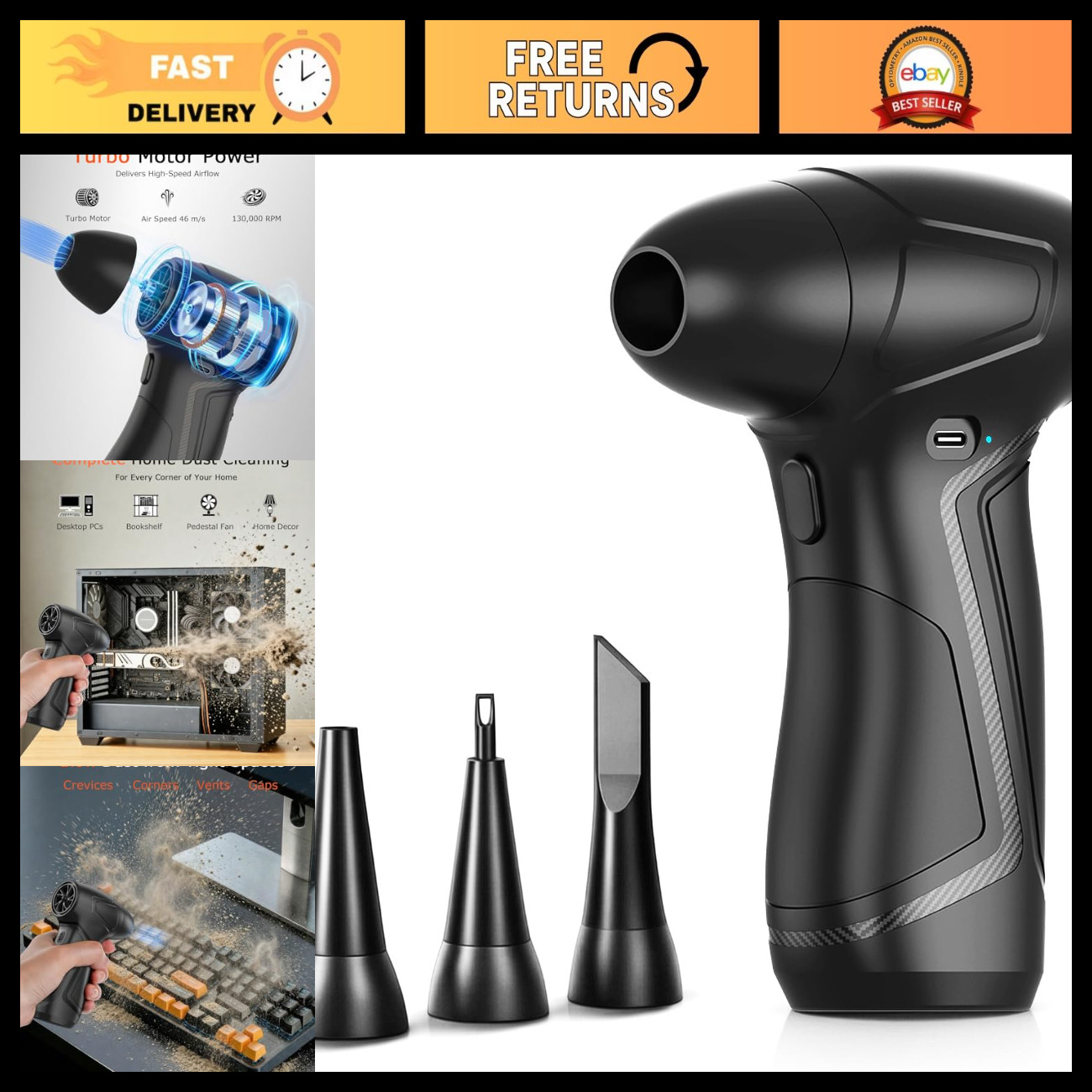 High-Powered Compressed Air Duster 130K RPM, Cordless Electric Blower for Dust C