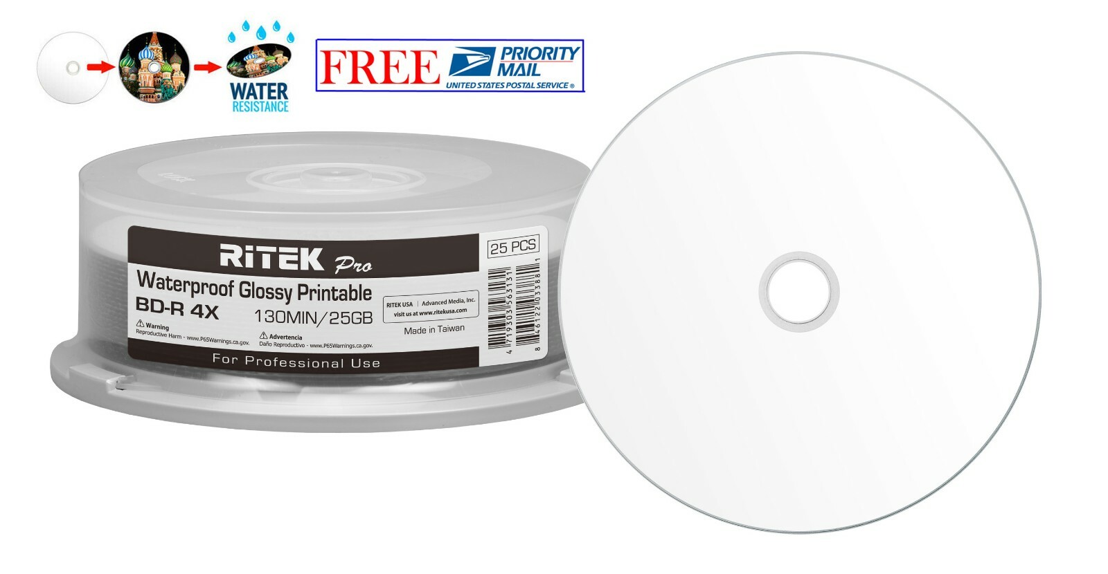 25 Ritek Pro BD-R 4X 25GB Water Resistant Glossy White Inkjet Hub Printable Disc