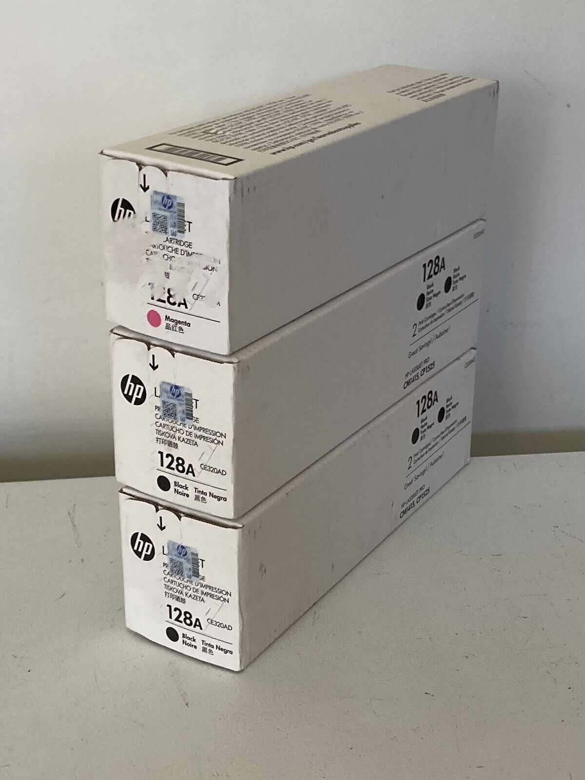 HP 128A Toner  Black (1) CE320A (1) CE320AD Magenta CE323A Genuine Sealed Box