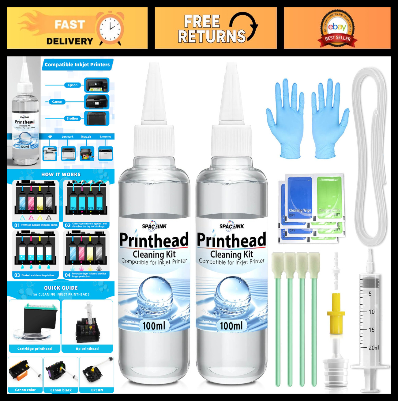 Printhead Cleaning Kit 200mL for Inkjet Printers - HP, Canon, Brother, Epson