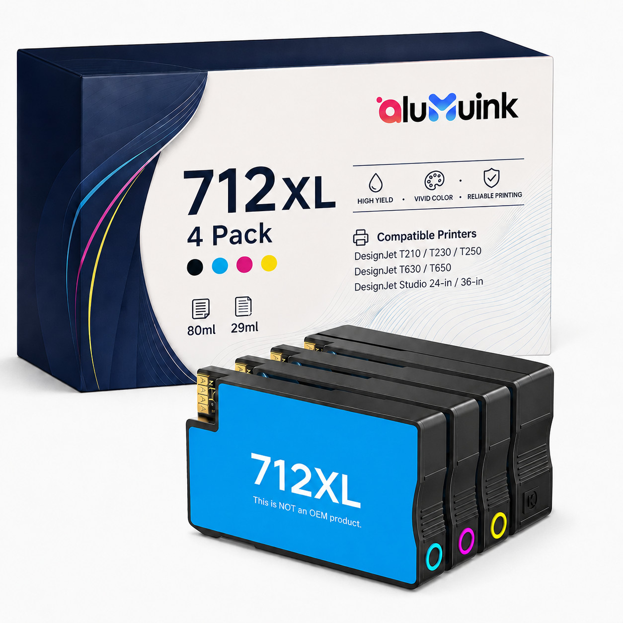 712XL  Ink Cartridge 4 Pack High Yield Compatible for T210, T230 T630 24-in