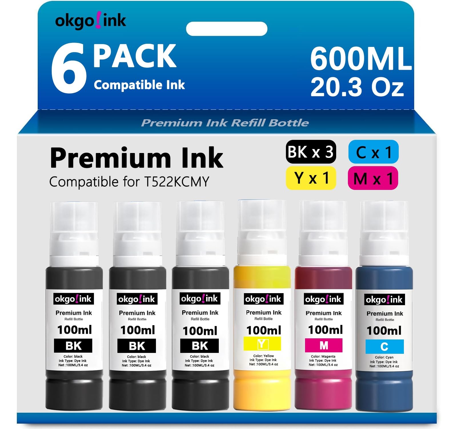 6 PCS 522 Black Ink Refill Bottles T522 For ET2800/ET4800/ET2720 600ml