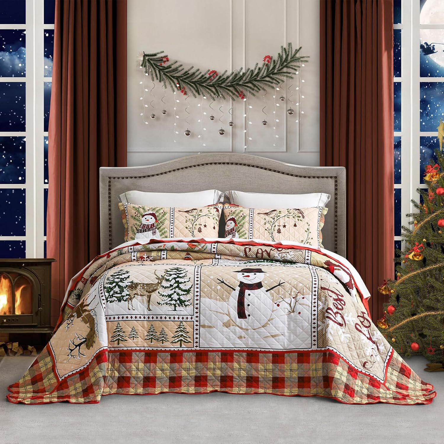 Christmas Queen Bedspreads, Quilted Snowman Plaid Pattern