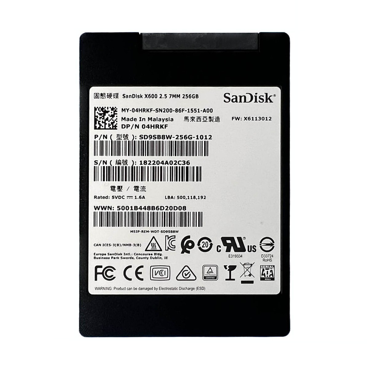*SanDisk 256GB SSD 2.5" SATA Model: SanDisk X600 DP/N: 4HRKF*