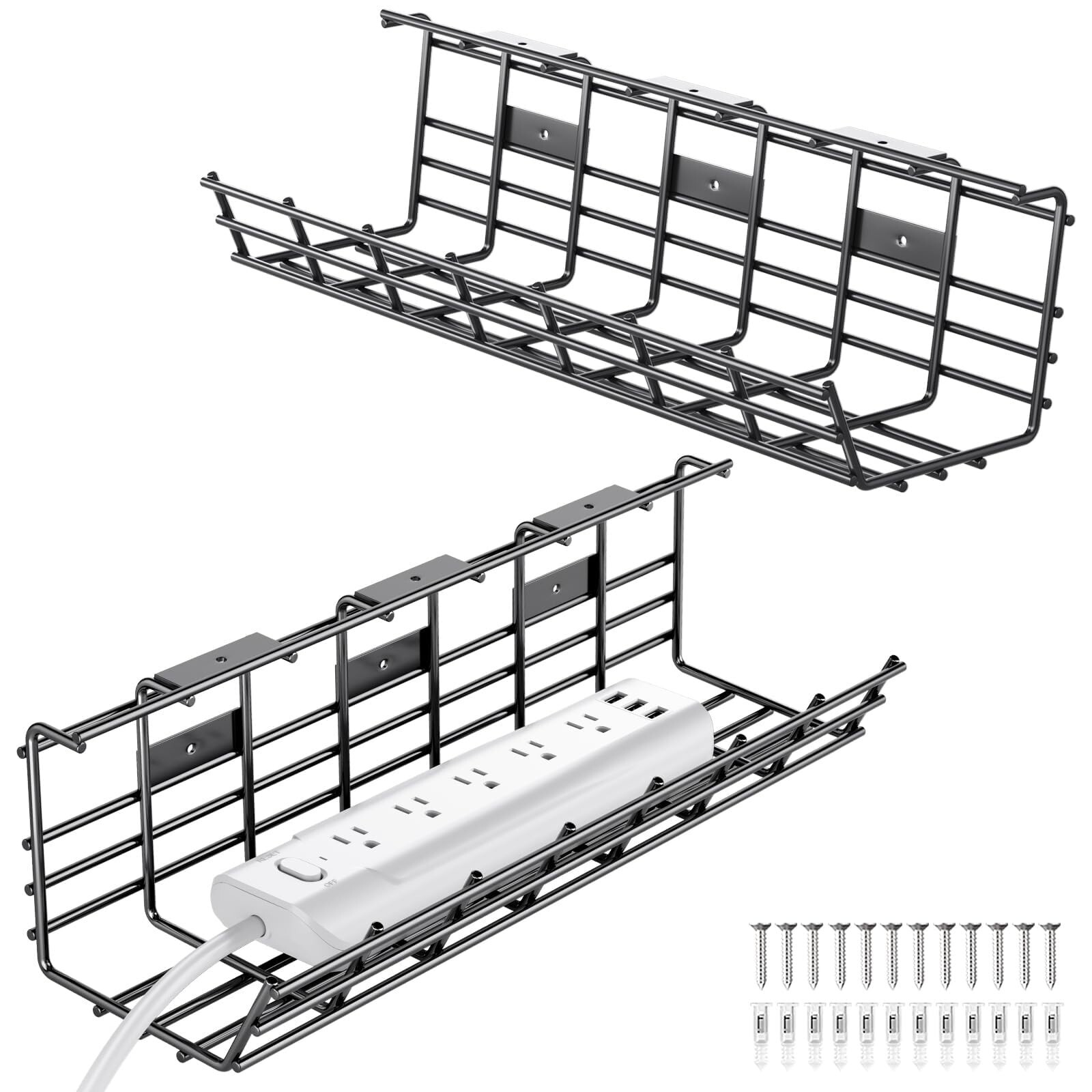 2 Pack DELAMU Under Desk Cable Management Tray, Large Metal Cord Organizer, O...