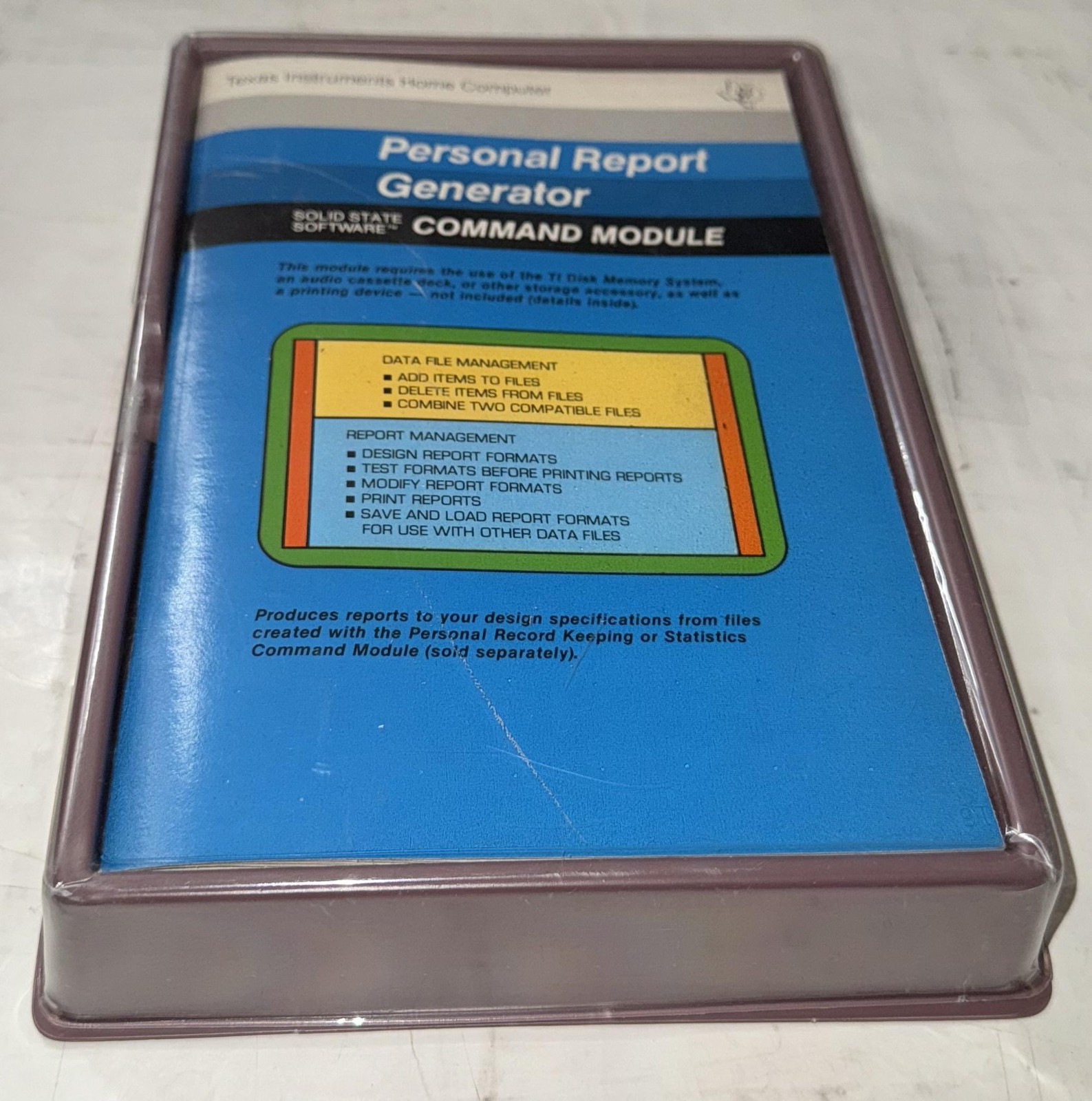 Texas Instruments Personal Report Generator Command Module TI-99/4A w/ Manual